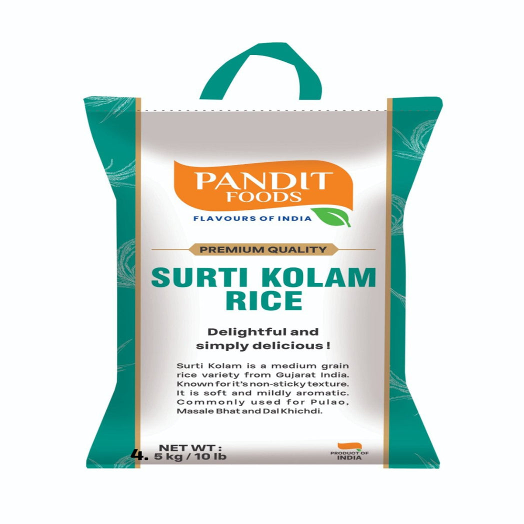 Pandit Foods Surti Kolam Rice packaging with green handles on a white background