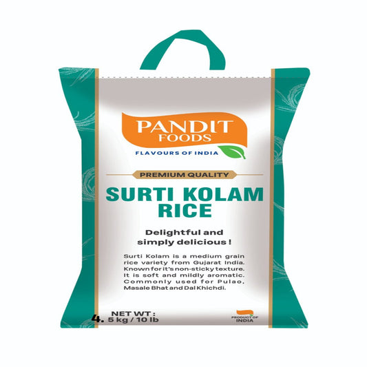Pandit Foods Surti Kolam Rice packaging with green handles on a white background